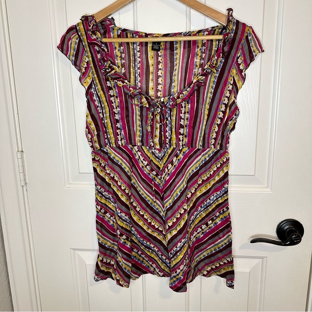 Y2K Lucky Brand Multicolor Floral Striped Babydoll Ruffle Blouse Sz S Fairy Boho